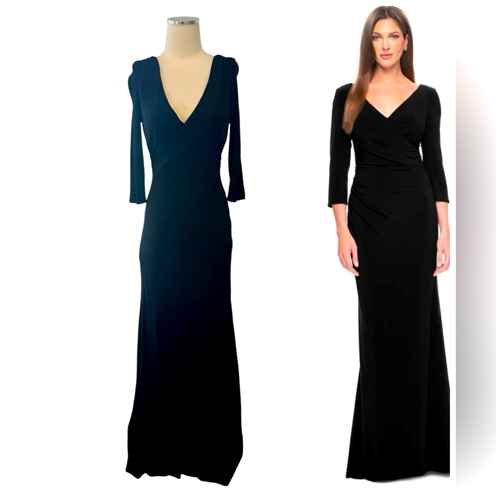 David Meister ($350) Black V-Neck 3/4 Sleeve Bodycon Formal Dress Sz 12